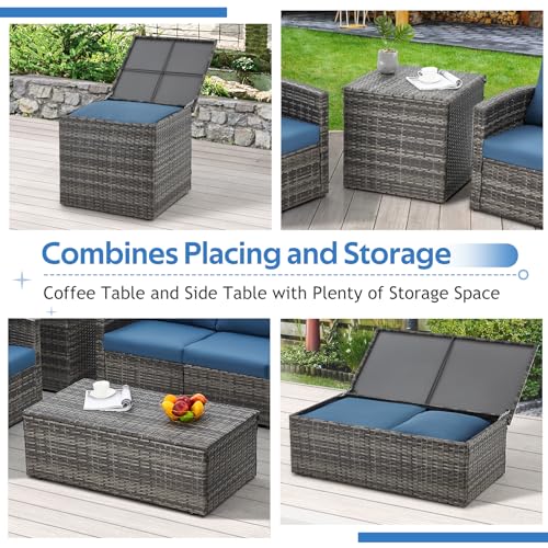 AECOJOY 7 Pieces Patio Furniture Set with Two Storage Boxes&Patio Set Cover, Outdoor Rattan Conversation Set,All-Weather PE Wicker Sectional Sofa Outdoor Furniture, Grey Rattan&Dark Blue Cushions AECOJOY