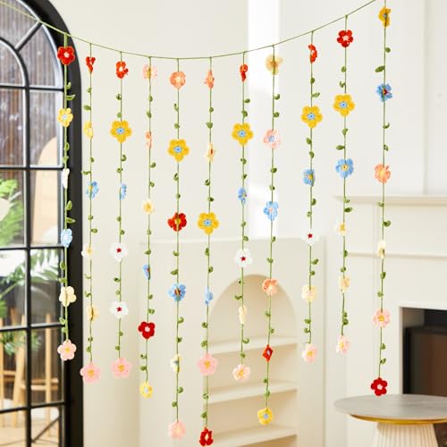 Suncalla 23 ft Crochet Flowers Wall Hanging Decor Boho Knitting Flower Garland Ornaments Curtain Backdrop Hanging Tassel Decoration Room Divider for Home Bedroom Wall Door Window Suncalla