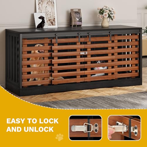 DWVO 71" Double Dog Crate Furniture for 2 Dogs with Sliding Fence Door, Heavy Duty Dual Dog Kennel TV Stand Large Dogs, Indoor Decorative Wooden 2 Dog Cage Table for Living Room, Black & Walnut DWVO