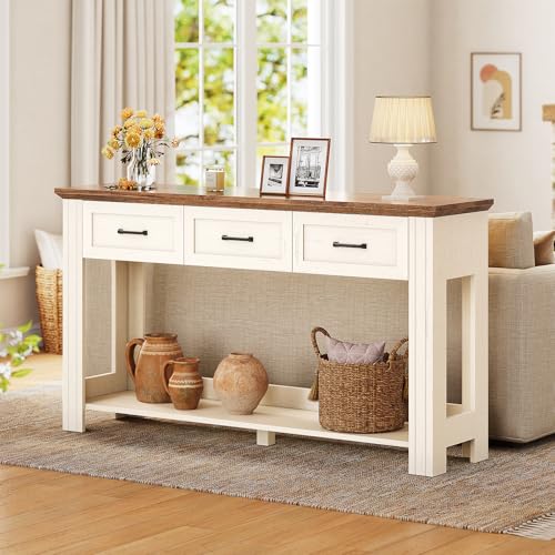 ANGRYWIN 55" Farmhouse Console Table with 3 Drawers, Rustic Entryway Table with Open Shelf, Sofa Tables Behind Couch for Entrance, Living Room, Hallway, White ANGRYWIN