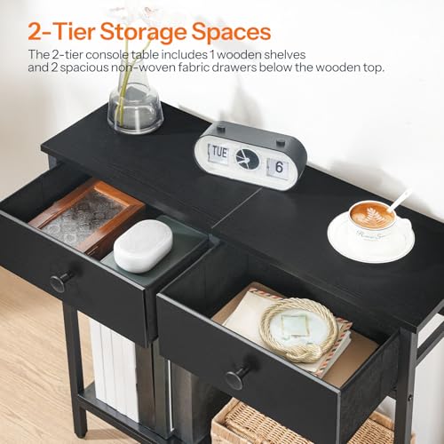 HOOBRO 29.5" Narrow Console Table with 2 Fabric Drawers, Small Entryway Table with 2-Tier Storage Shelves, Sofa Table, Behind Couch Table, for Living Room, Hallway, Black BB71XG01 HOOBRO