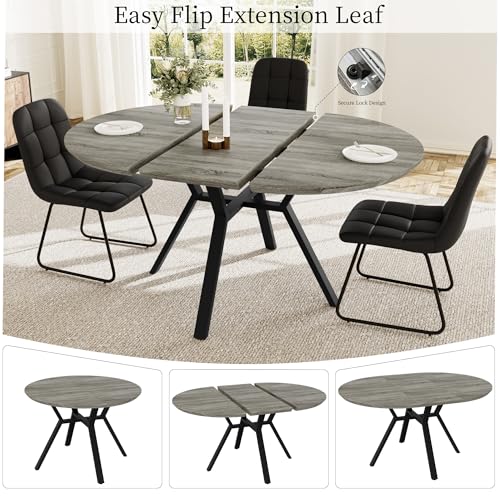 HIPIHOM Extendable Round Dining Table Set for 6 People, 43.3"-59.1" Extendable Kitchen Table with 6 Upholstered Chairs, Space Saving for Kitchen Dining Room (Grey Table+6 U-Shaped Black Chairs) HIPIHOM