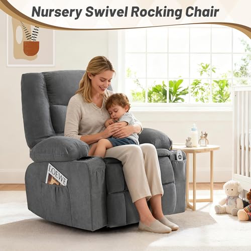 Oversized Swivel Rocker Recliner Chair with Massage & Heat,Recliner Chair for Adults,Ergonomic Relining Chair with Cup Holders,USB Charge Port,Side Pockets,Nursery Rocking Chairs for Living Room,Grey