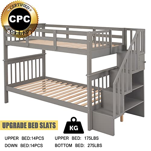 Harper & Bright Designs Twin Over Twin Bunk Bed with Storage Staircase, Wood Bunk Bed with Full-Length Fence Kids, Teens & Adults, Convertible Bunk Beds, Gray Harper & Bright Designs