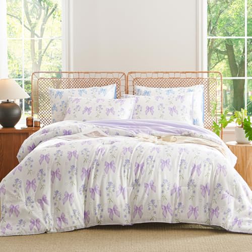 CCoutueChen Purple Bow Comforter Set Full 3 Pieces Floral Bedding Set for Girls Kids, Romantic Princess Style Bowknot Bedding, Ultra Soft Microfiber Garden Flower Comforter Sets with 2 Pillowcases CCoutueChen
