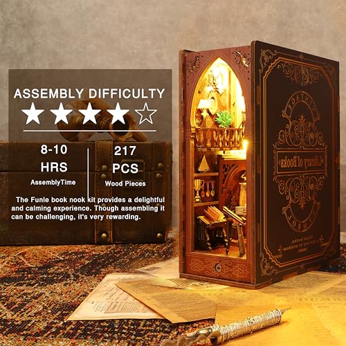 Funle Book Nook Kit for Adults, DIY Wooden Miniature House Kit, 3D Puzzle Crafts for Adults, Creative Book Nook Insert for Bookshelf