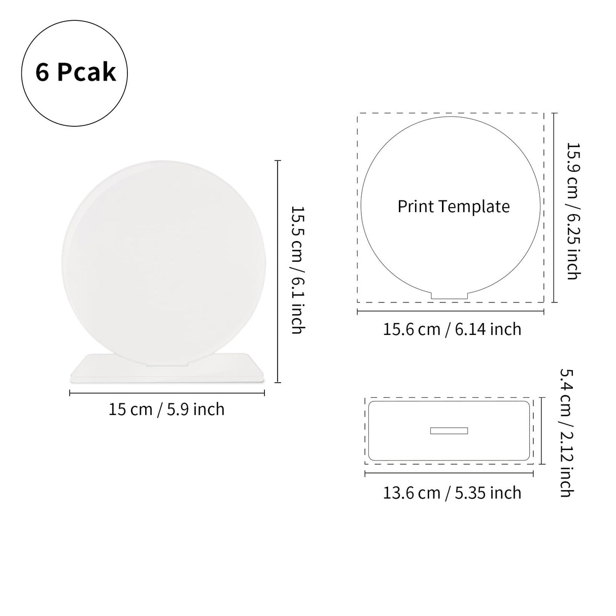 PYD Life 6 Pack Sublimation Acrylic Sign Plaque Display Blanks 5.9" Round with 5.1" x 1.8" Sublimation Acrylic Sheets Stand Thickness 1/6"(4mm) Custom Table Sign for Store Restaurant Party PYD Life