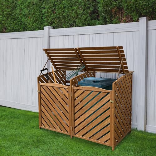 Hanover Outdoor 4.9-ft. x 4-ft. Wooden Trash Bin and Recyclables Storage Shed in Brown, Weather Resistant Trash Can Storage Container with Locking Latch for Lawn, Carport, Driveway Hanover