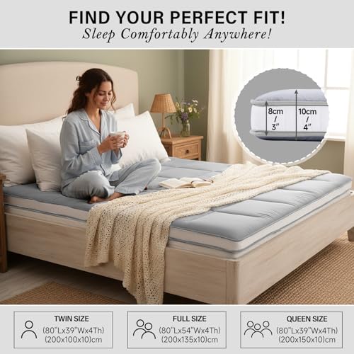 Tiita Queen Memory Foam Mattress Topper, 4" Thicken Futon Floor Mattress with Storage Bag and 2 Straps, Portable Roll Up Travel Car Camping Mattress Sleeping Pad, Grey Tiita