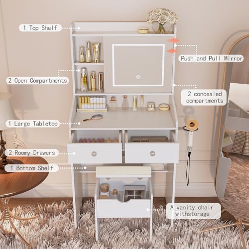 Viaozutis Vanity, Small Vanity Desk with Sliding Mirror, Dimmable LED Lights, 2 Drawers,Vanity Table Ideal for Bedroom (White) Viaozutis