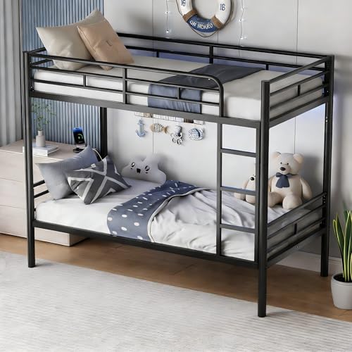 PVWIIK Bunk Bed Twin Over Twin with Guardrail for Dormitory,Living Room,Bedroom,Multifunctional Bed Frame w/Space Saving Design & Ladder,Black PVWIIK