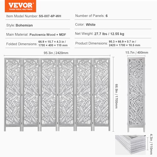 VEVOR Wood Room Divider, 6 Panel Wood Folding Privacy Screen, 66.9 Inches Tall Indoor Carved Partition Divider, Portable Decoration Screen, for Room Separation, Home, Office, Restaurant & Bedroom VEVOR