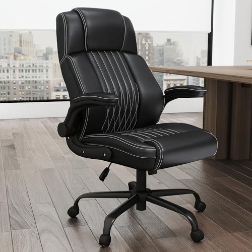 Keratee Executive Office Chair with Lumbar Support, High Back Leather Ergonomic Computer Desk Chairs with Flip-up Arms, 360° Swivel and Height Adjustable, Rocking Function, for Home, Office, Black Keratee