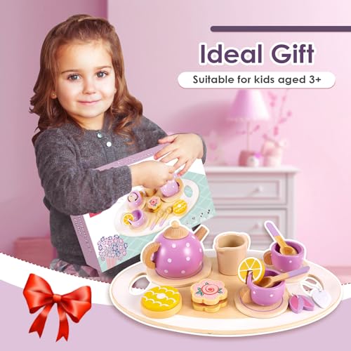 BUYGER Wooden Tea Party Set for Toddler Little Girls 3-5 with Teapot Tea Cup Set Wooden Play Food Toy Kitchen Accessories for Kids Girls Children Boys Toddler… Buyger