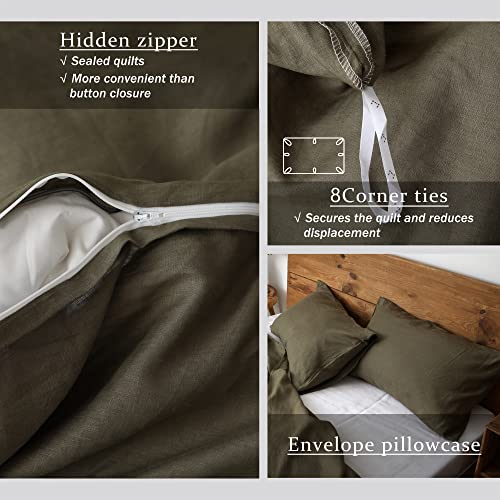 XZ XIFA Olive Green 100% Linen Queen Size Bedding Set, Cooling Duvet Cover with Natural Washed French Flax,Soft,Breathable,Textured,Fluffy Duvet Cover (1 Duvet Cover,2 Pillow Shams) XZ XIFA