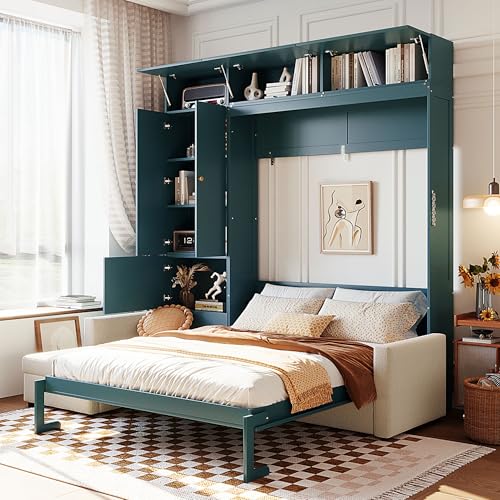 Harper & Bright Designs Queen Size Murphy Bed, Wall Bed with Sofa and Shelves, Beige Harper & Bright Designs