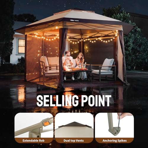 CROWN SHADES 13x13 Pop Up Gazebo with Mosquito Nettings, Patented Center Lock 6-Sided Portable Gazebo, 300D Silver-Coated Fabric UV Resistant, Pop Up Canopy Tent for Patio, Party, Beige&Coffee CROWN SHADES