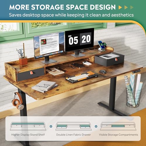 DEVAISE 55×28 Inch Electric Standing Desk with Drawers, Computer Desk with 3 Adjustable Height, Storage Shelf, Built-in USB Outlets and Memory Preset, Sit to Stand Desk for Home Office, Rustic Brown DEVAISE
