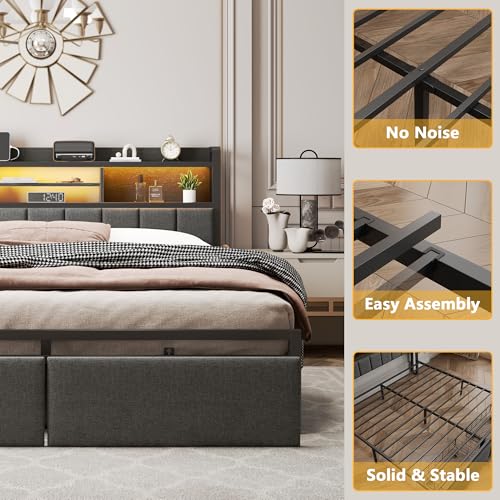 Furnulem King Bed Frame with Wood Headboard & Storage Drawers, Metal Platform Bed Frames King Size with LED Lights, Built in Charging Station, No Box Spring Needed, No Noise, Easy Assembly, Black Furnulem
