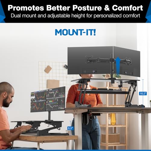 Mount-It! Standing Desk Converter Dual Monitor, 2 Screen Mounts Included, Height Adjustable Desk Riser in Black, Stand Up Desk Convertor Large 36" Wide, Sit Stand Convertor with Manual Lift Gas Spring Mount-It!