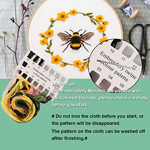 Lukinbox Embroidery Kit for Beginners Adults, 3 Sets Cross Stitch Starter Kits Include 3 Stamped Embroidery Clothes with Floral and Bee Pattern, 1 Embroidery Hoop, Threads, Needles and Instructions