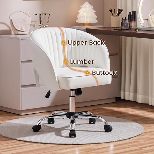 Yaheetech Home Office Chair, Faux Leather Desk Chair, Modern Swivel Chair with Tufted Barrel Back, Rolling Wheels for Office,Study, Vanity, Bedroom White Yaheetech