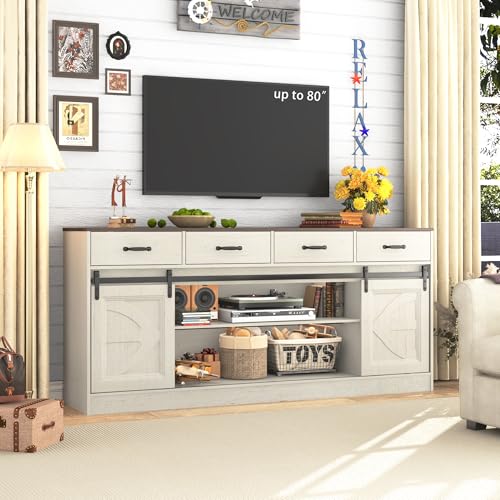 chartustriable 70” Large Long Buffet Sideboard Cabinet w/4 Drawer,Farmhouse Buffet Storage Cabinet,Sliding Door,Buffet, Credenza for Living Room,White chartustriable