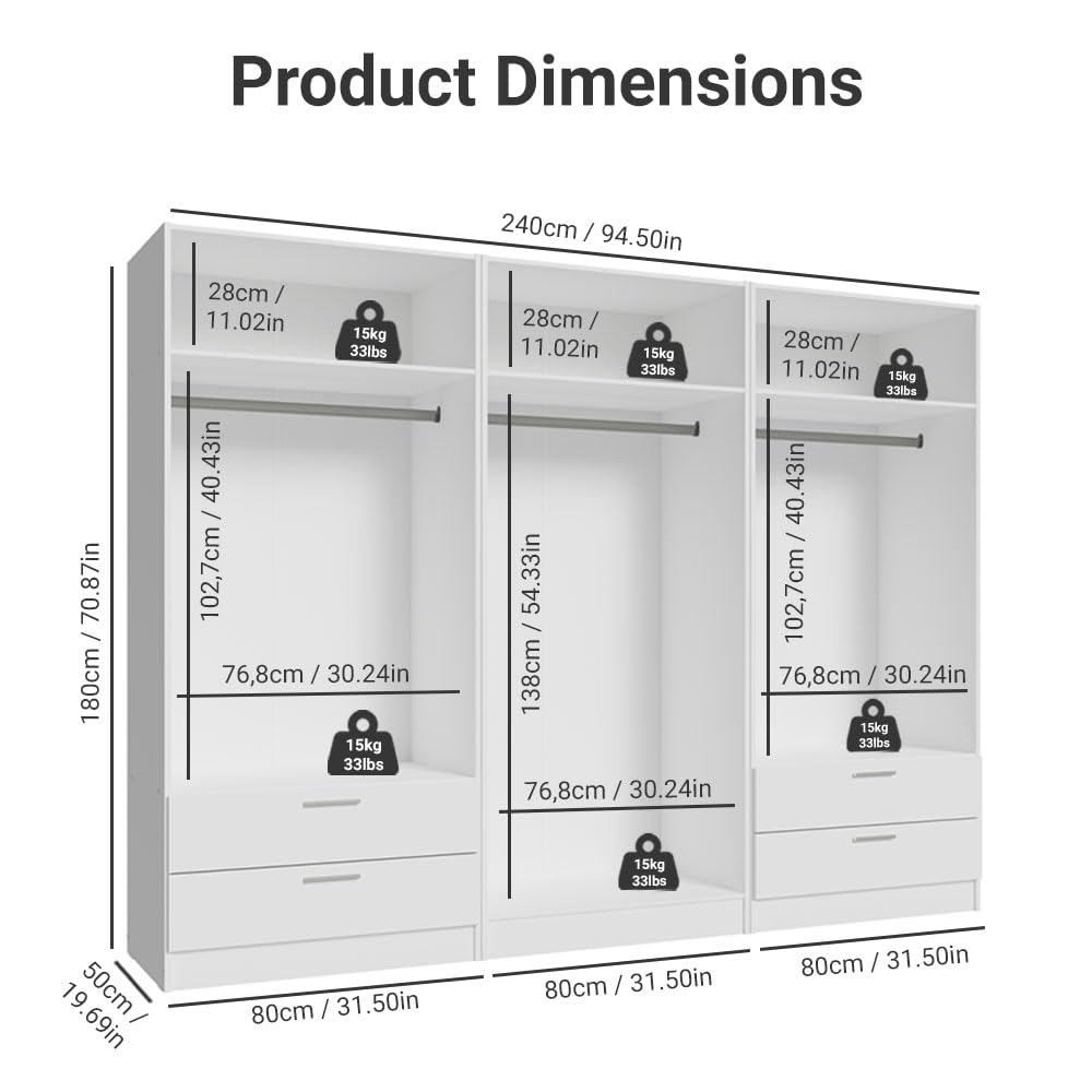 Madesa Wardrobe Armoire Closet, 6 Doors 4 Drawers Bedroom Storage Cabinet, 94 Inch Wooden Clothing Organizer with Shelves Hanging Rod, White Madesa