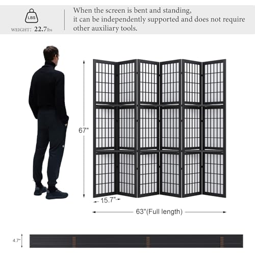 Room Divider with Shelves, 66.9-Inch Tall Japanese Shoji Style Wood Screen with Double Hinges for Home Office Decoration (6 Panels, Black) Svimi