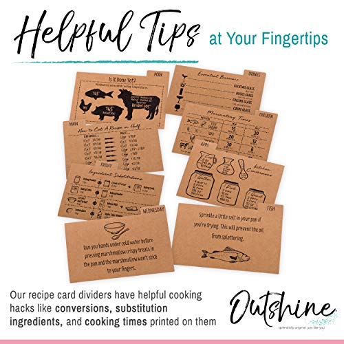 OUTSHINE Premium Kraft Recipe Cards Dividers 4x6 with Tabs (Set of 24) | Recipe Box Dividers Made of Thick Cardstock | Includes 28 Adhesive Labels and Printed Cooking Tips | Best Kitchen Gift OUTSHINE