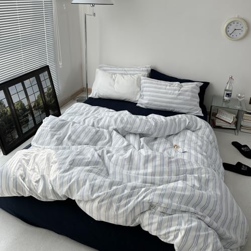 VM VOUGEMARKET Striped Comforter Set Twin XL Ticking Vertical Stripes Bedding Set Minimalist Neutral Comforter for College Dorm,Demin Blue&White VM VOUGEMARKET