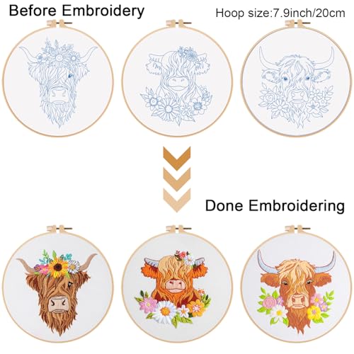 Louise Maelys 3 Sets Embroidery Kits for Beginners,Cross Stitch Kit for Adults,Starters DIY Needlepoint Including Hoop -Highland Cow and Florals Pattern