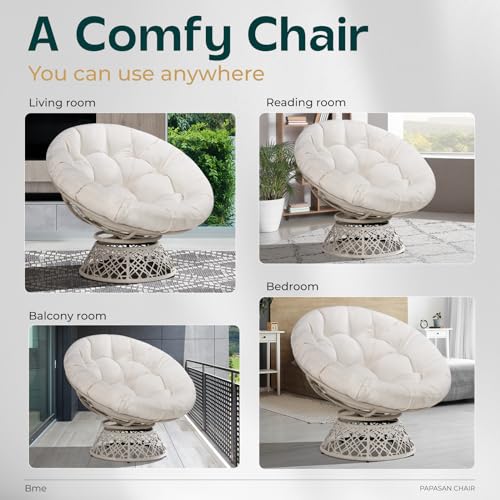 Bme 40" Ergonomic Wicker Papasan Chair with Soft Thick Density Fabric Cushion, High Capacity Steel Frame, 360 Degree Swivel for Living, Bedroom, Reading Room, Lounge Bme
