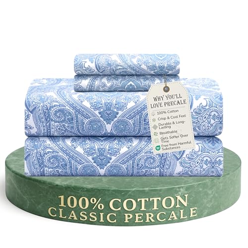 Feather & Stitch Softest 100% Cotton Sheets, 300 Thread Count Percale Weave Bedding, 16" Deep Pocket, Cooling Sheets, Breathable Bed Set, Hotel Premium Quality (King Blue Paisley)
