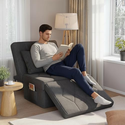 DSNAPE Convertible Sofa Bed with 5-Level Adjustable Backrest, 74" D x 37" W 4-in-1 Folding Ottoman Sleeper Chair Bed, Modern Single Futon Couch for Living Room Apartment Dorm Small Space, Dark Grey DSNAPE