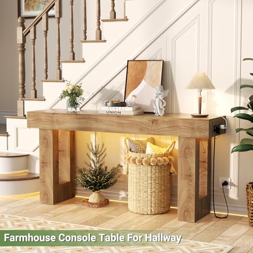 Unikito 63'' Farmhouse Console Table with Power Outlets and Sensor Light, Wooden Entryway Table with Storage, Rectangular Sofa Tables Behind The Couch for Entrance, Hallway, Living Room, Natural Oak Unikito