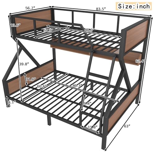 Bellemave Full XL Over Queen Size Bunk Bed with Storage Shelves and LED Lights,Heavy Duty Adult Bunk Beds with Angled Ladder,Metal Queen Bunk Bed,Black Bellemave
