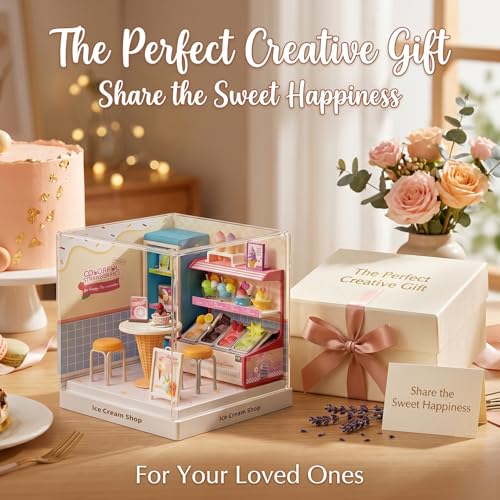 Tkmango Ice Cream Shop Super Miniature House Kit - DIY Plastic 3D Model Building Set for Adults & Teens, Build Your Own Sweets Dessert Shop with Dustproof Case, Creative Craft Gift for Girls Women