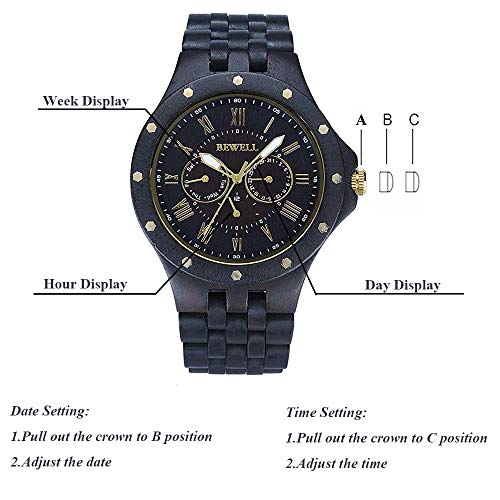 BEWELL Wood Watches for Men, Vintage Mens Wrist Watches with Calendar Luminous Hands Wooden Strap (Black Sandalwood) BEWELL