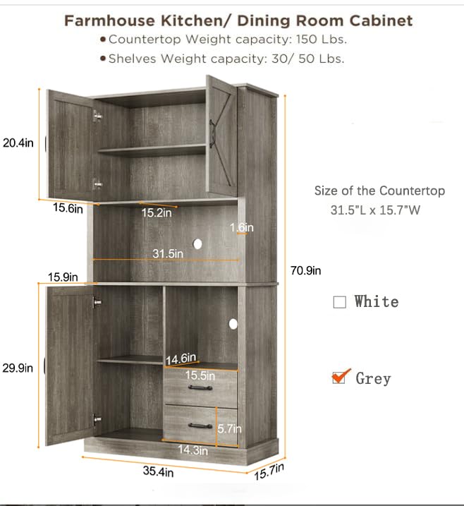 GarveeHome Modern Kitchen Pantry Cabinet with Microwave Stand, Tall Hutch Bar Cabinet with Drawers & Adjustable Shelves, Large Wood Storage for Dining Room, Living Room, Rustic Grey GarveeHome