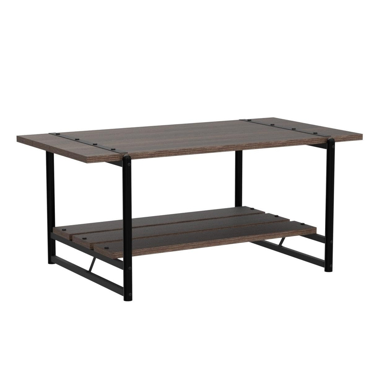 2-Tier Farmhouse 41'' Large Gray Wood Coffee Table with Storage Shelf -Modern Rustic Metal Rectangle Center Living Room Coffee Table Accent Furniture for Home Office,Easy Assembly(Walnut Brown) IDEALHOUSE