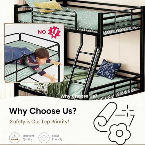 SogesGame Twin Over Full Bunk Bed for Teens & Kids, Metal Heavy Duty Bunk beds with 9.8-Inch Guardrail and Ladder, Bunk Beds Twin Over Full Size for Small Bedrooms & Shared Rooms, Space-Saving, Black SogesGame