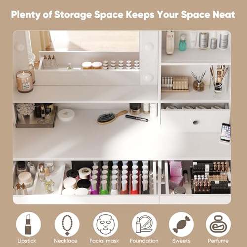 DUMOS Vanity Desk Makeup with Mirror LED Lights, White Table with Power Outlet 2 Drawer, 4 Storage Shelves Cabinet & 3 Lighting Mode Adjustable Brightness, Dressing Tables for Bedroom DUMOS