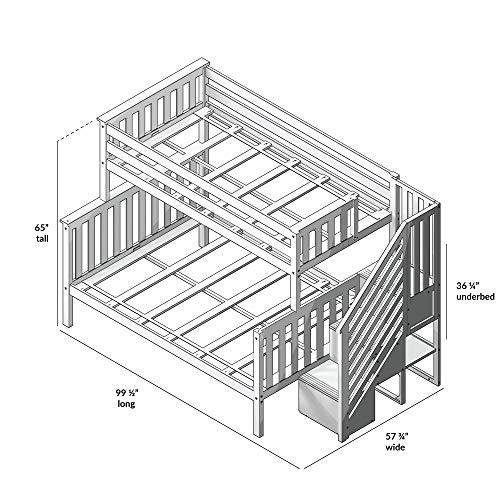 Max & Lily Bunk Bed, Twin-Over-Full Bed Frame For Kids With Stairs, White Max & Lily