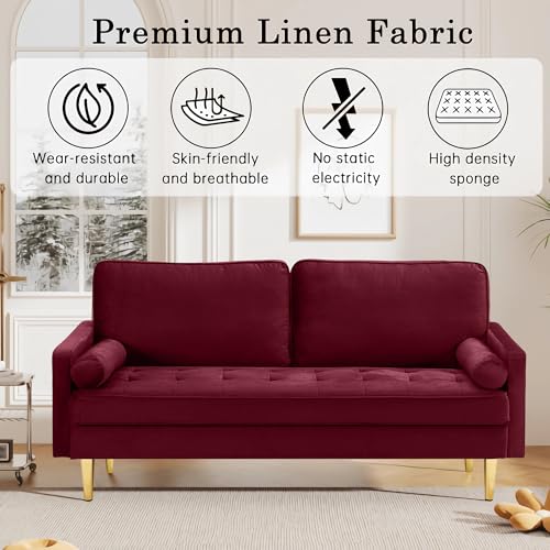 RXRRXY 67" Modern Velvet Loveseat Sofa Couch, Mid-Century Tufted Upholstered Small Love Seat Couch with 2 Pillows & 4 Golden Legs, 2-Seats Couches for Compact Space, Living Room, Apartment (Burgundy) RXRRXY