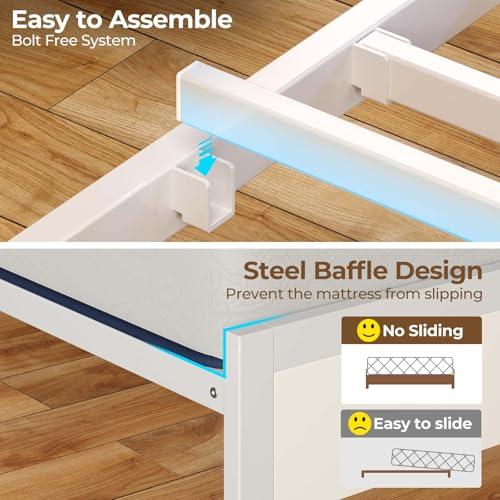 Rolanstar Bed Frame Full Size with Charging Station and LED Lights, Upholstered Headboard with Storage Shelves, Heavy Duty Metal Slats, No Box Spring Need, Noise Free, Easy Assembly, White Rolanstar