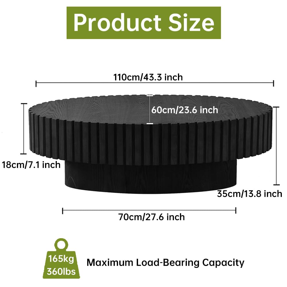 Oval Drum Coffee Table Handcraft Fluted Coffee Table Wood Round Drum Coffee Table Mid Century Modern Coffee Table Pedestal Coffee Table for Living Room Farmhouse (Black Oval) SOUWOFS