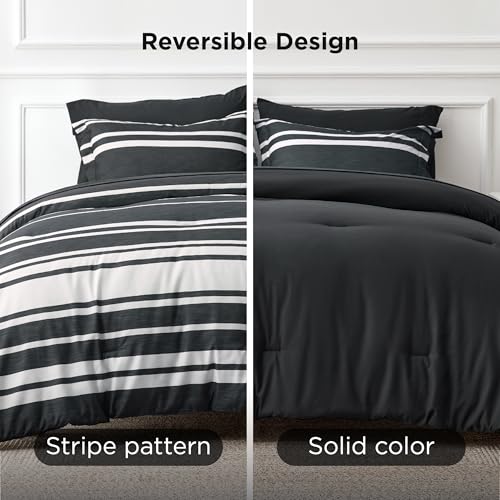 Bedsure Full Comforter Set 7 Pieces, Black Striped Bedding Set for All Seasons, Reversible, Cationic Dyeing Bed in a Bag with Comforter, Sheets, Pillowcases & Shams Bedsure