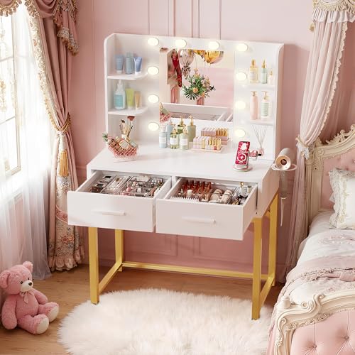 Furmax Vanity Desk with Mirror and LED Light Bulb, Small Makeup Vanity Table with Drawers, Dressing Table with Power Outlet and Hair Drayer Holder for Bedroom (White & Gold) Furmax