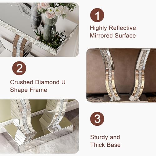 Maotifeys Mirrored Console Table with Crystal-Inlaid U-Shape Base Modern Elegant Silver Glass Entryway Tables for Living Room Luxury Accent Sofa Table with Curved Frame (Silver Table) Maotifeys